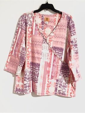 Ruby Rd. Size 2XL Pink, Size Purple & Coral Printed Wrap-Style Tunic 3/4 Sleeve